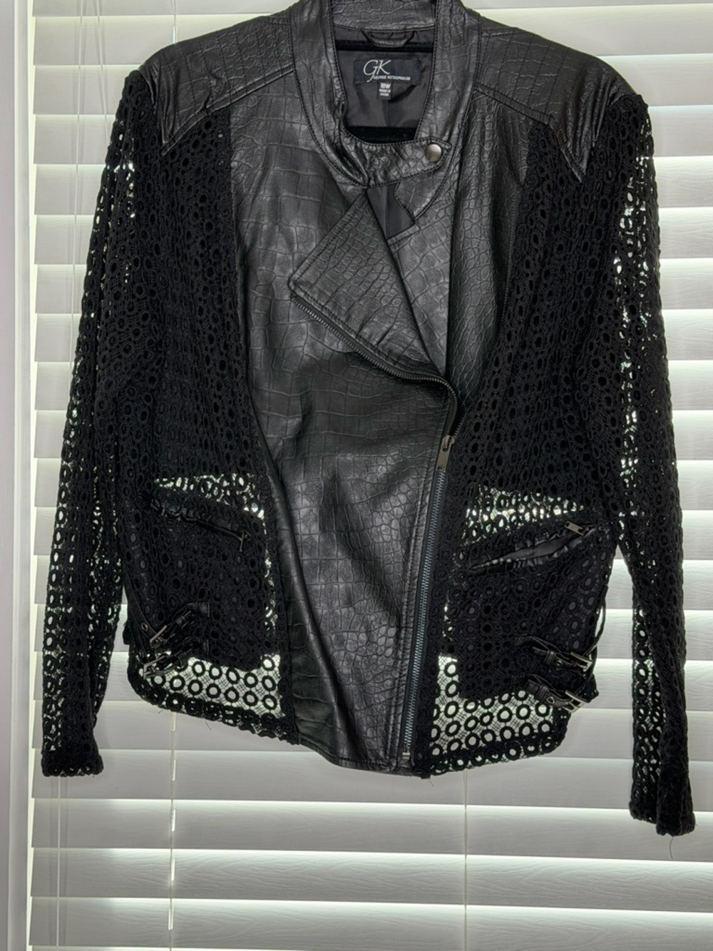 GK Black Faux Leather Moto Jacket with Crochet Sleeves